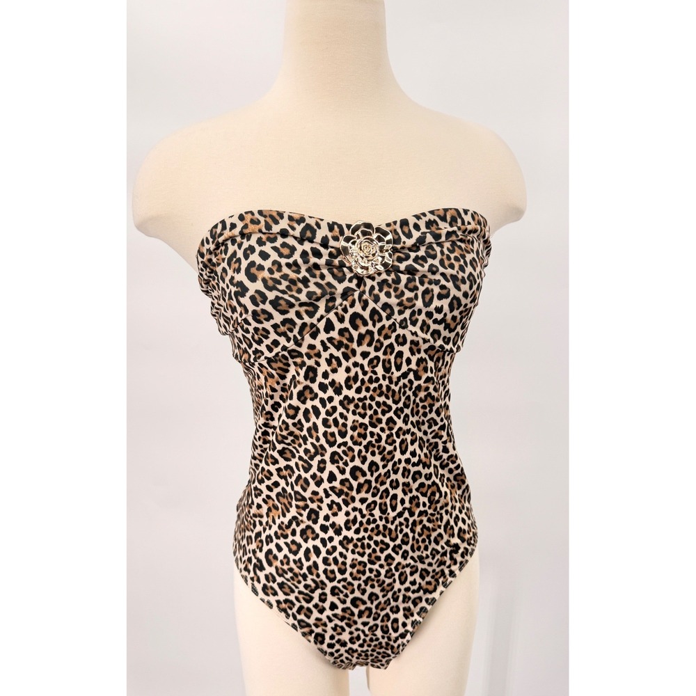 Wet Seal Bodysuit Womens Large Brown Leopard Print Strapless Rose Gold Detail